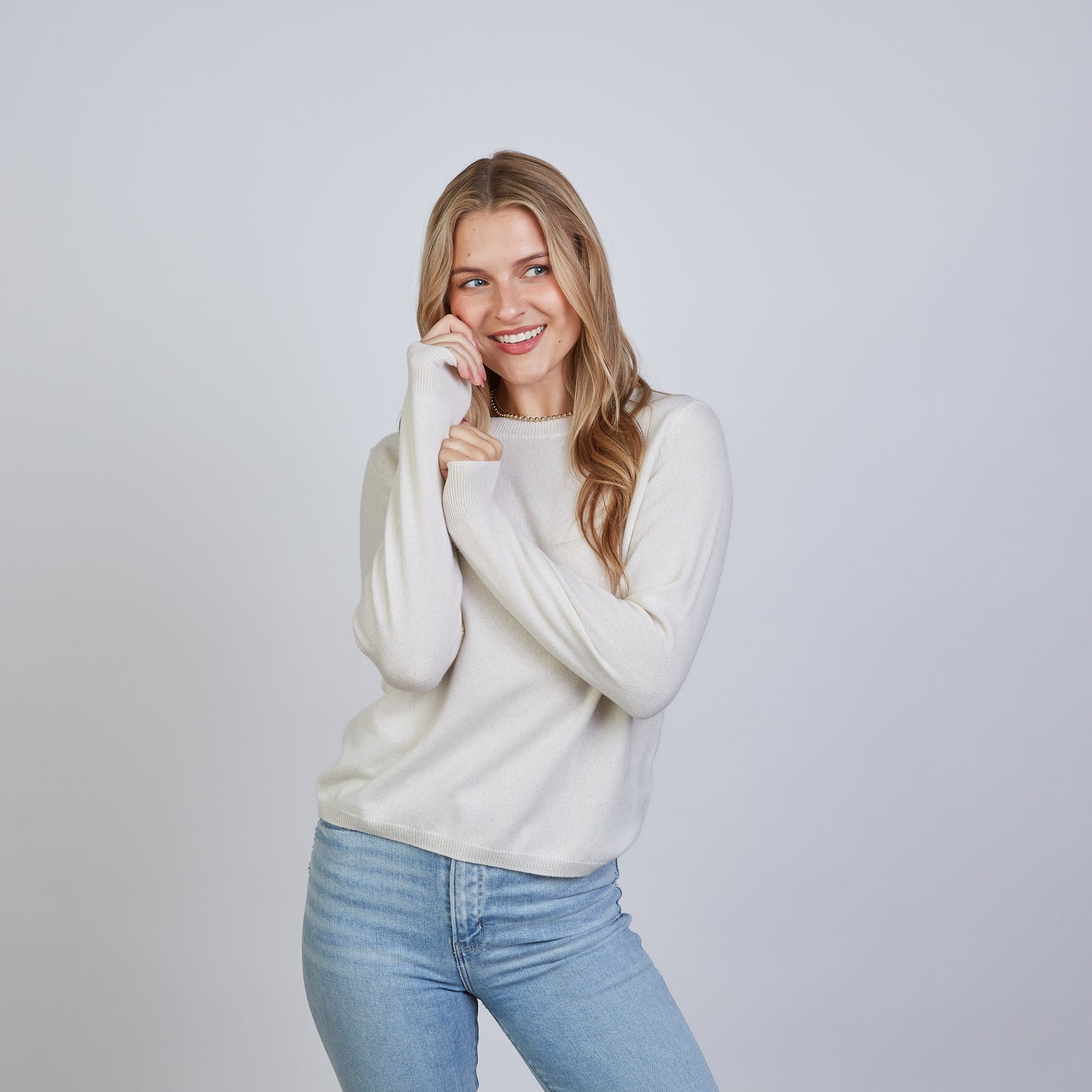 Highland Stripe 100% Mongolian Cashmere Sweater in Ivory with Blue