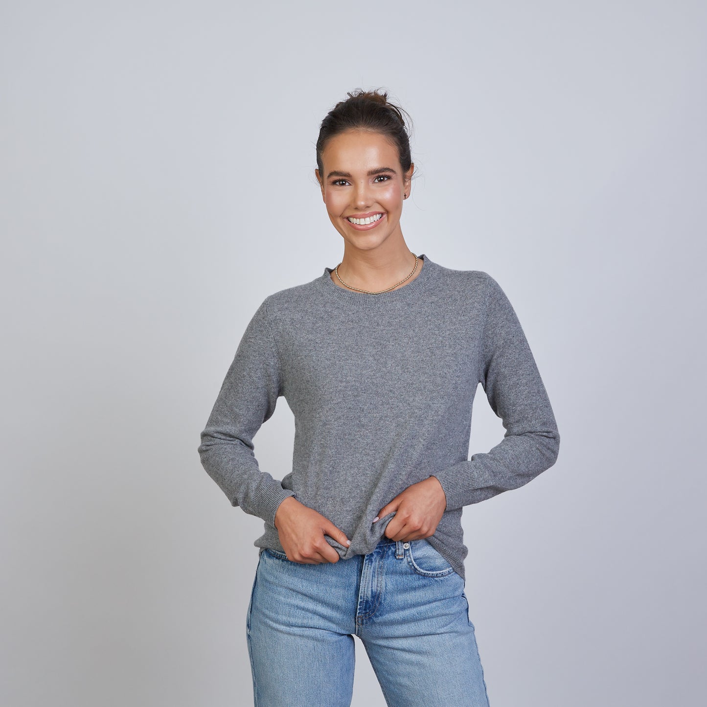 Highland Stripe 100% Mongolian Cashmere Sweater in Gray with Lilac