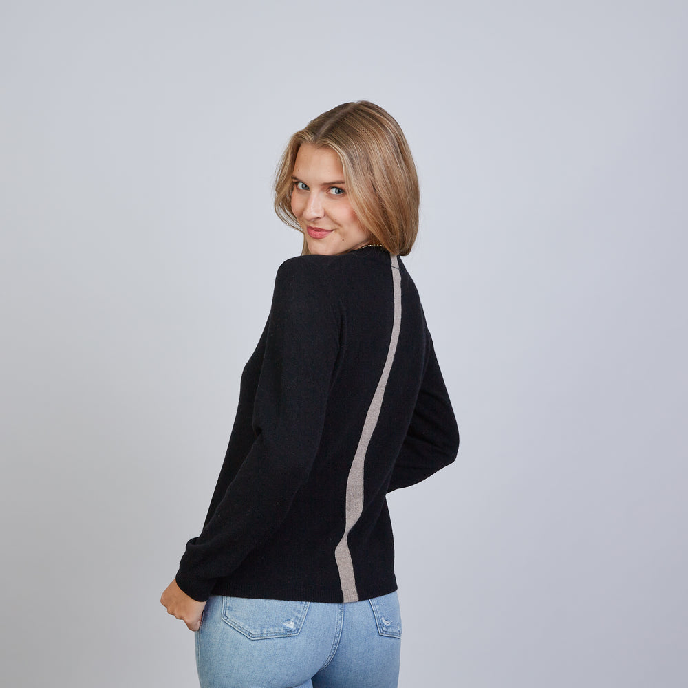 Highland Stripe 100% Mongolian Cashmere Sweater in Black with Beige