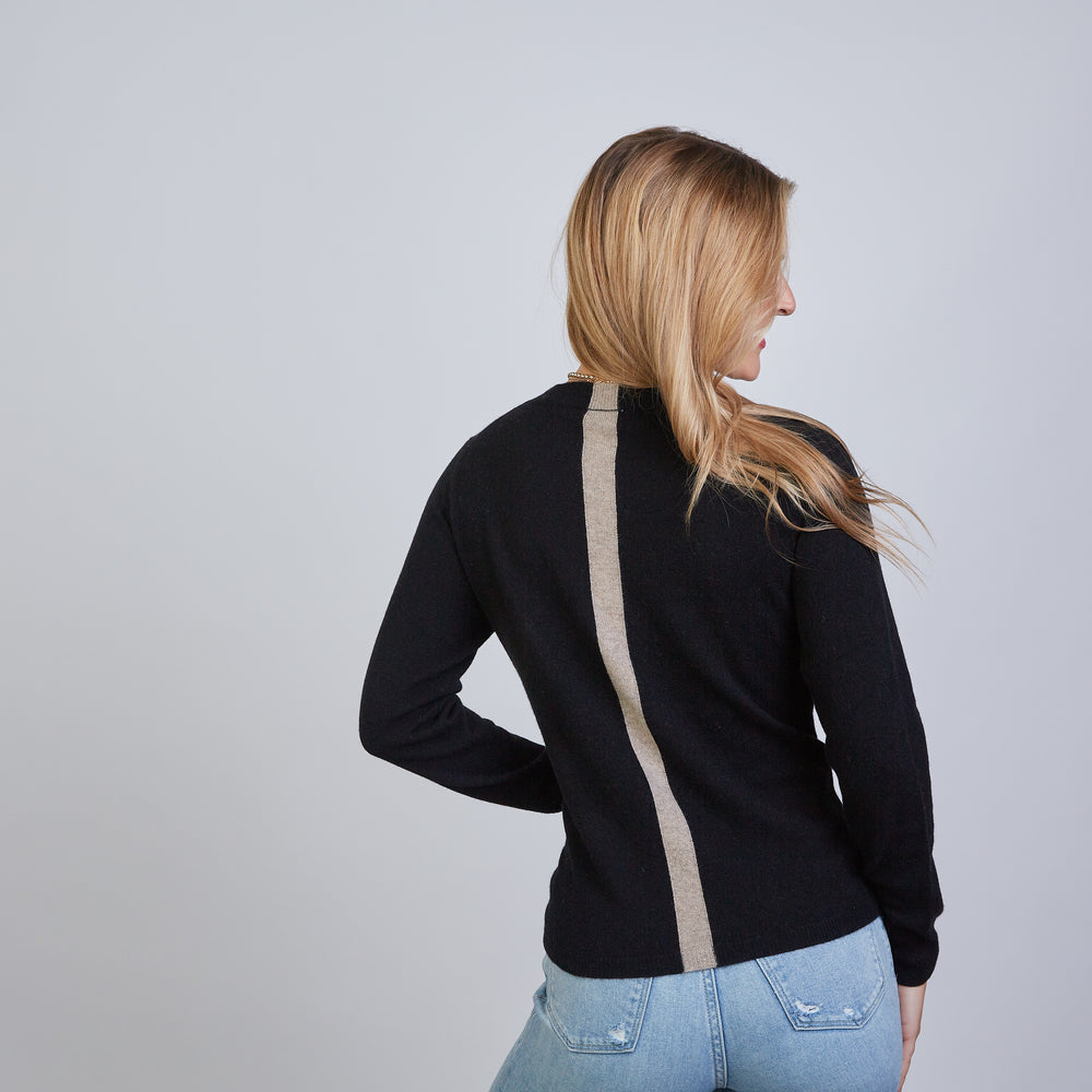 Highland Stripe 100% Mongolian Cashmere Sweater in Black with Beige