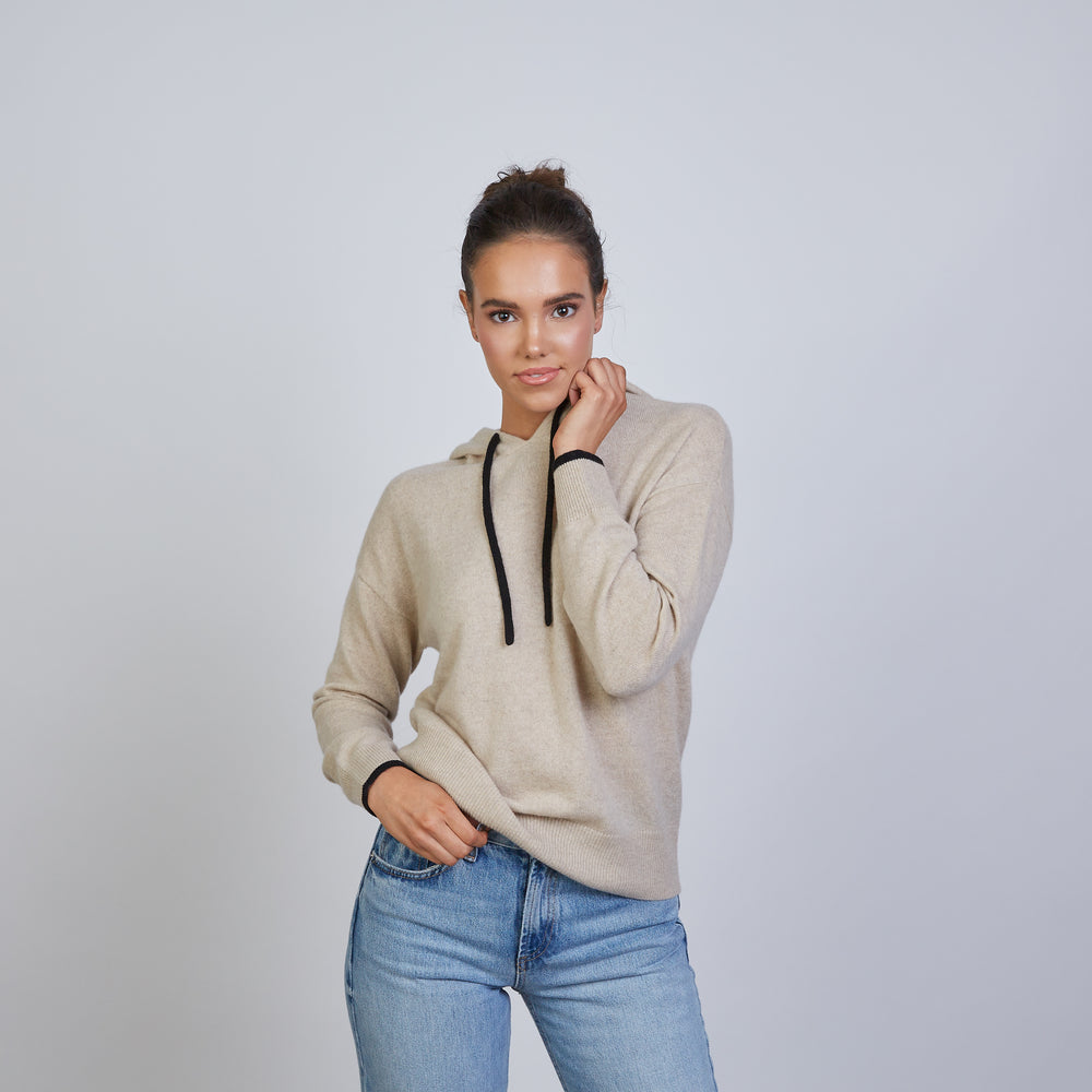 Highland Hoodie 100% Mongolian Cashmere in Beige with Black