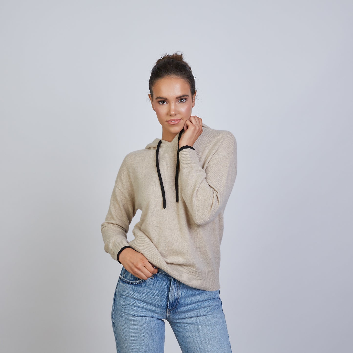 Highland Hoodie 100% Mongolian Cashmere in Beige with Black