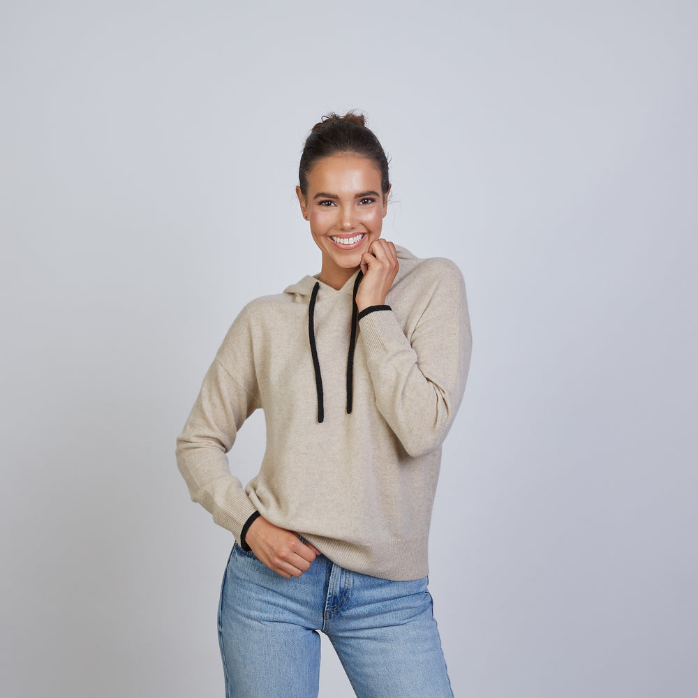 Highland Hoodie 100% Mongolian Cashmere in Beige with Black