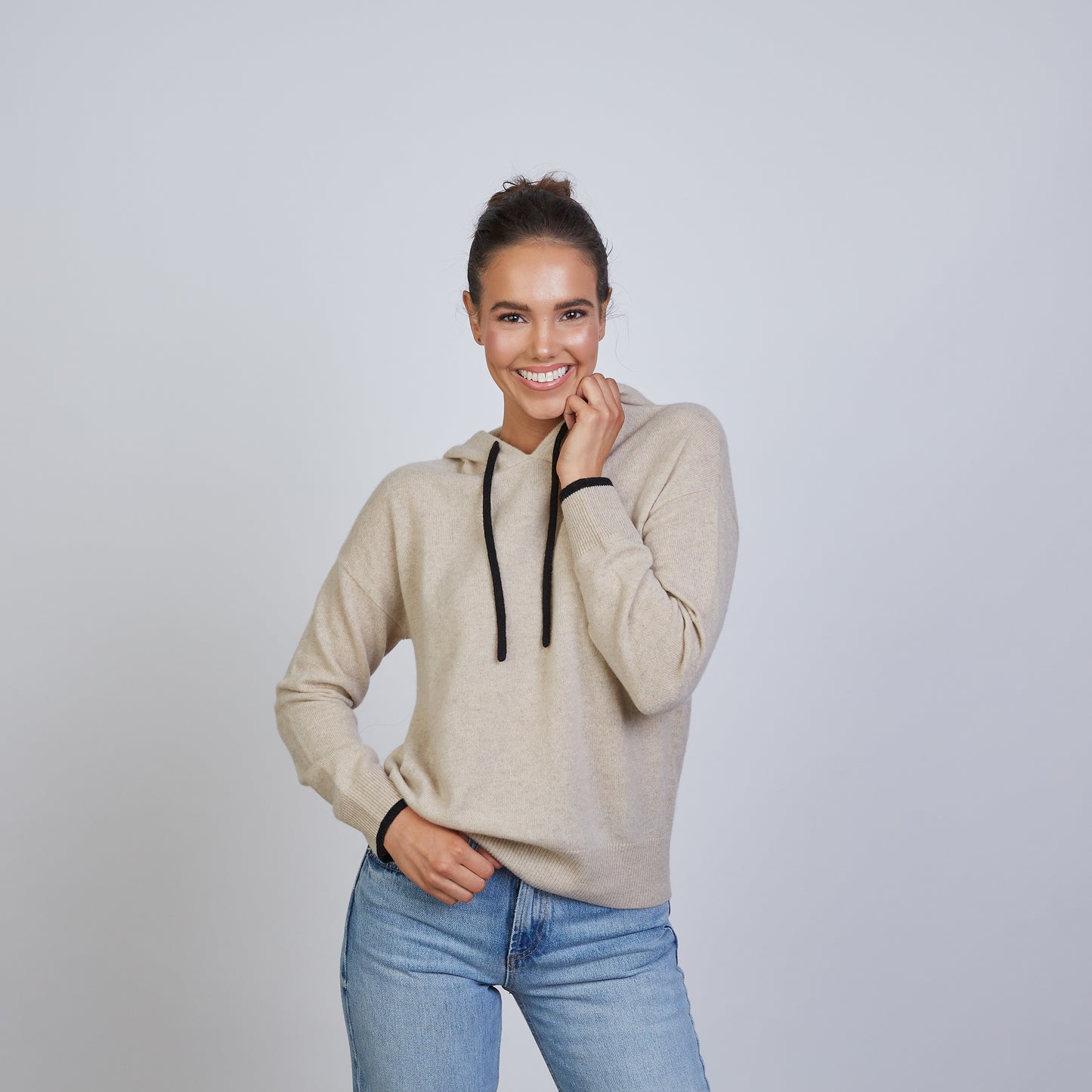 Highland Hoodie 100% Mongolian Cashmere in Beige with Black