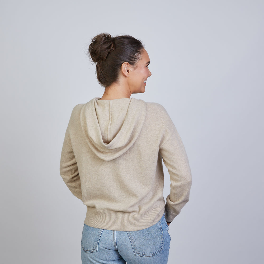 
                      
                        Highland Hoodie 100% Mongolian Cashmere in Beige with Black
                      
                    