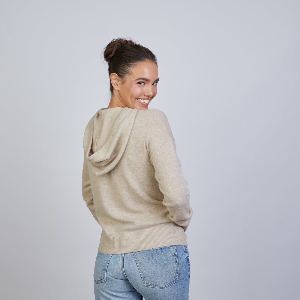 
                      
                        Highland Hoodie 100% Mongolian Cashmere in Beige with Black
                      
                    