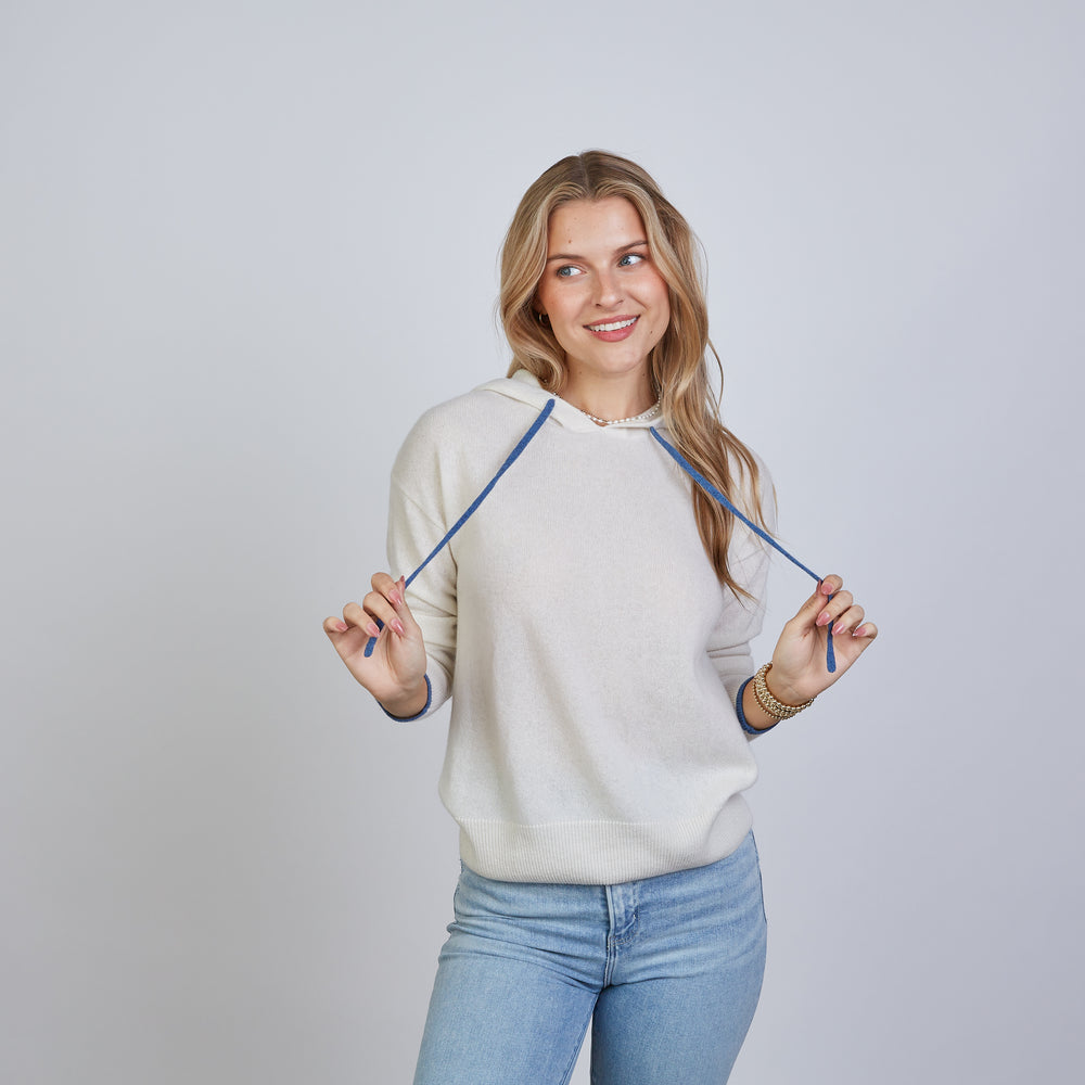 
                      
                        Highland Hoodie 100% Mongolian Cashmere in Ivory with Blue
                      
                    