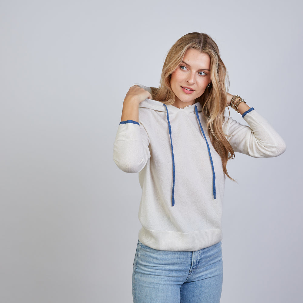 
                      
                        Highland Hoodie 100% Mongolian Cashmere in Ivory with Blue
                      
                    