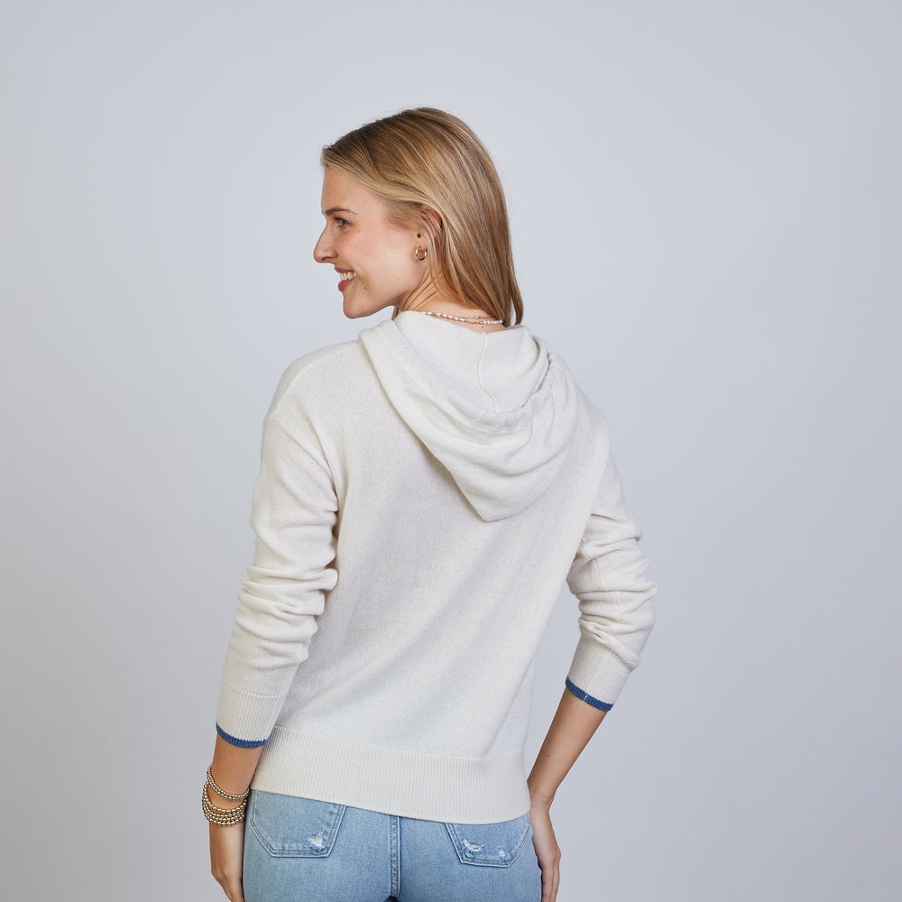 
                      
                        Highland Hoodie 100% Mongolian Cashmere in Ivory with Blue
                      
                    