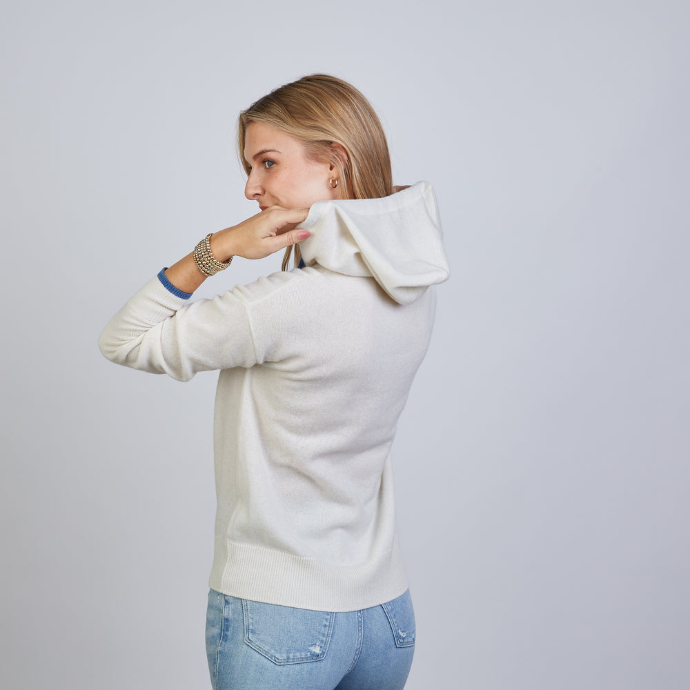 
                      
                        Highland Hoodie 100% Mongolian Cashmere in Ivory with Blue
                      
                    