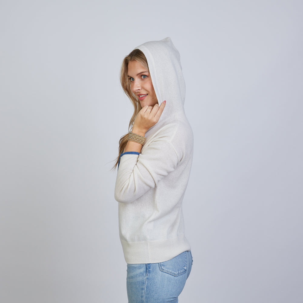 
                      
                        Highland Hoodie 100% Mongolian Cashmere in Ivory with Blue
                      
                    