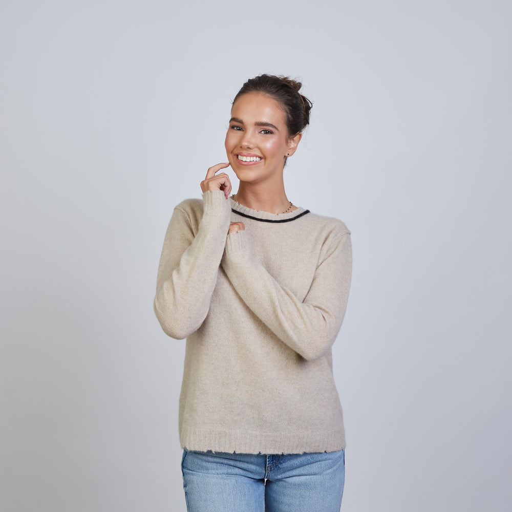 Highland Raw Edge 100% Mongolian Cashmere Sweater in Beige with Black