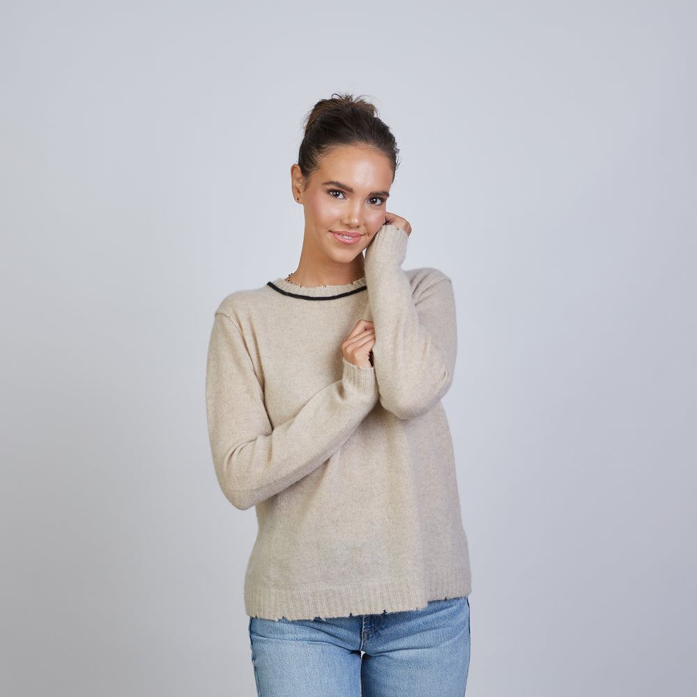 Highland Raw Edge 100% Mongolian Cashmere Sweater in Beige with Black
