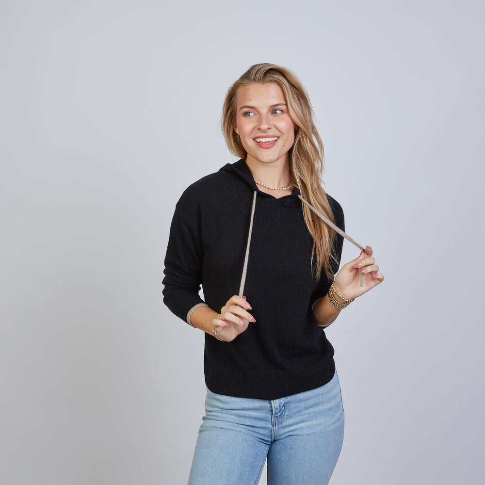 
                      
                        Highland Hoodie 100% Mongolian Cashmere in Black with Beige
                      
                    