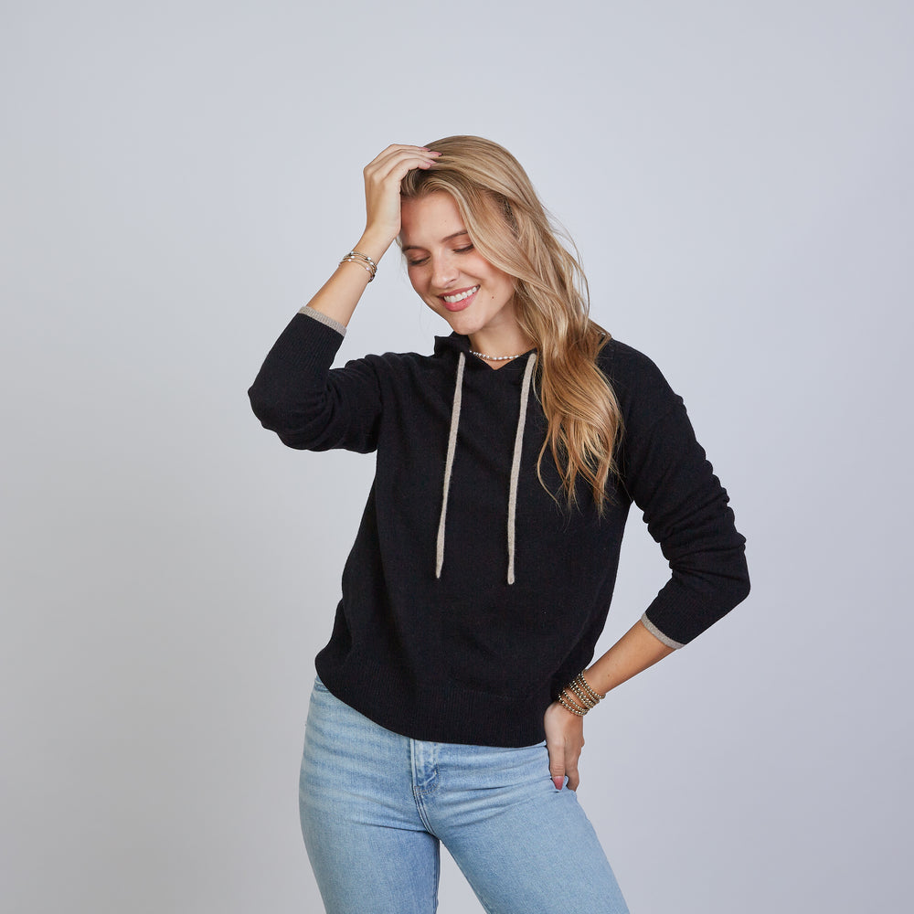Highland Hoodie 100% Mongolian Cashmere in Black with Beige