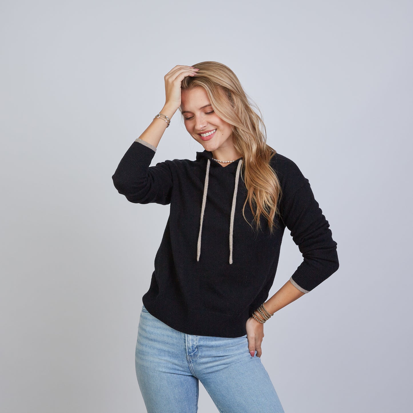 Highland Hoodie 100% Mongolian Cashmere in Black with Beige