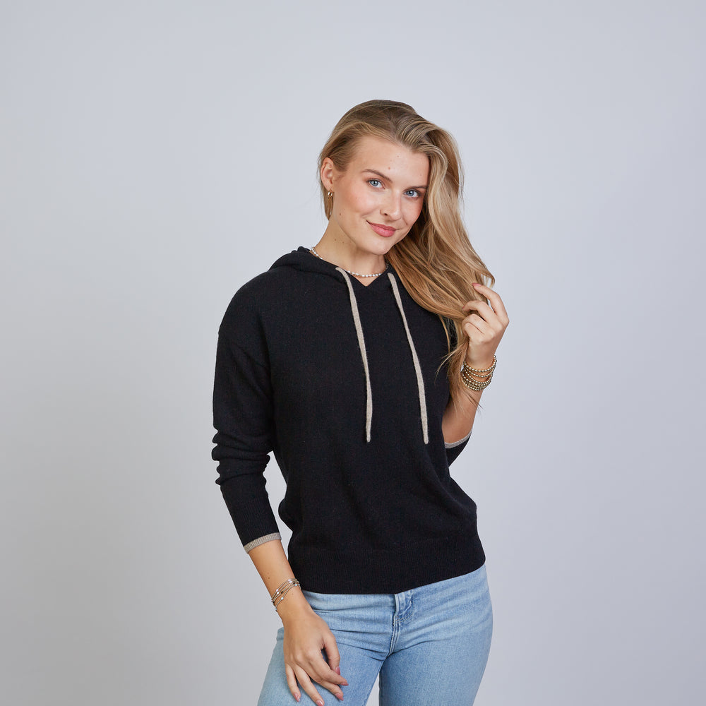 
                      
                        Highland Hoodie 100% Mongolian Cashmere in Black with Beige
                      
                    