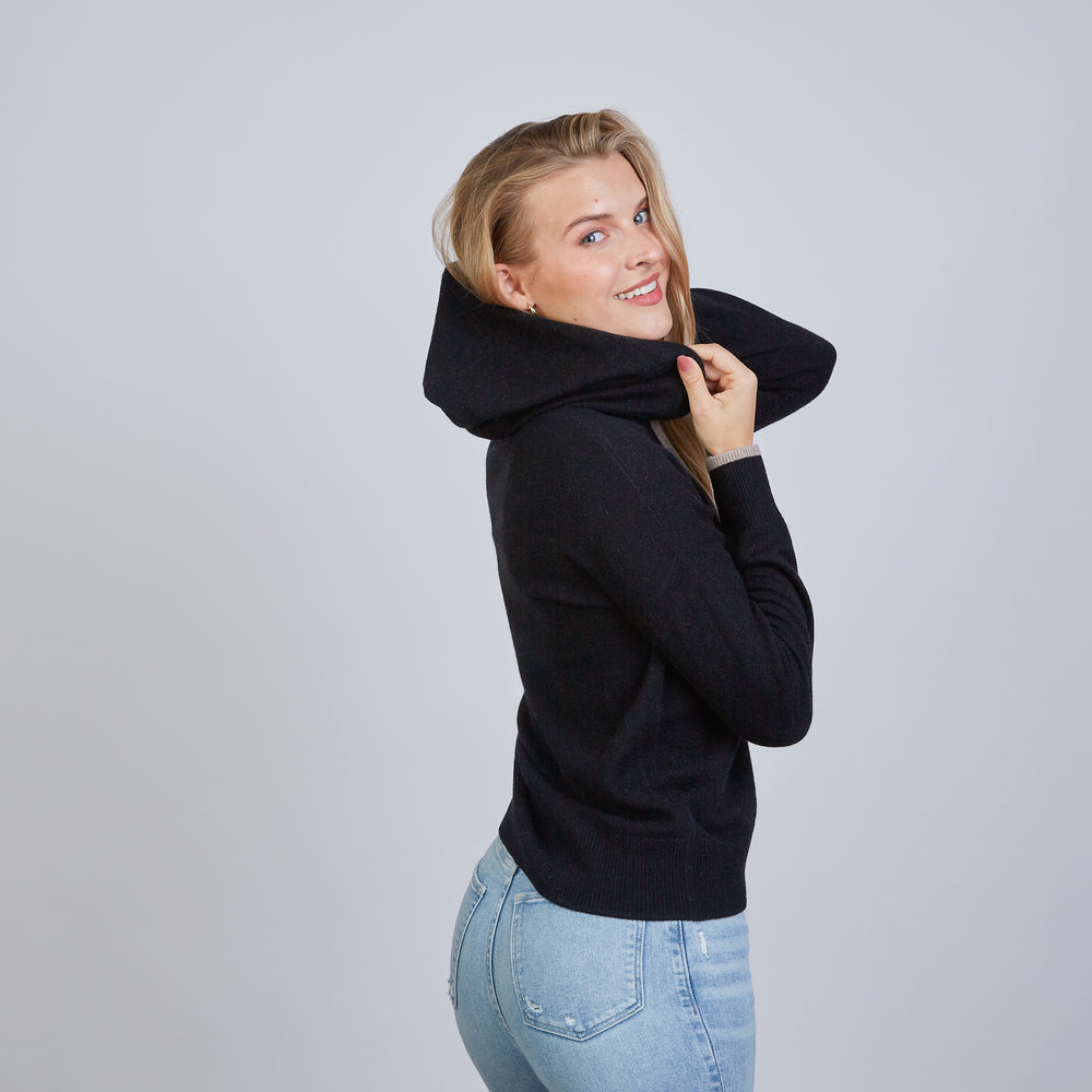 
                      
                        Highland Hoodie 100% Mongolian Cashmere in Black with Beige
                      
                    