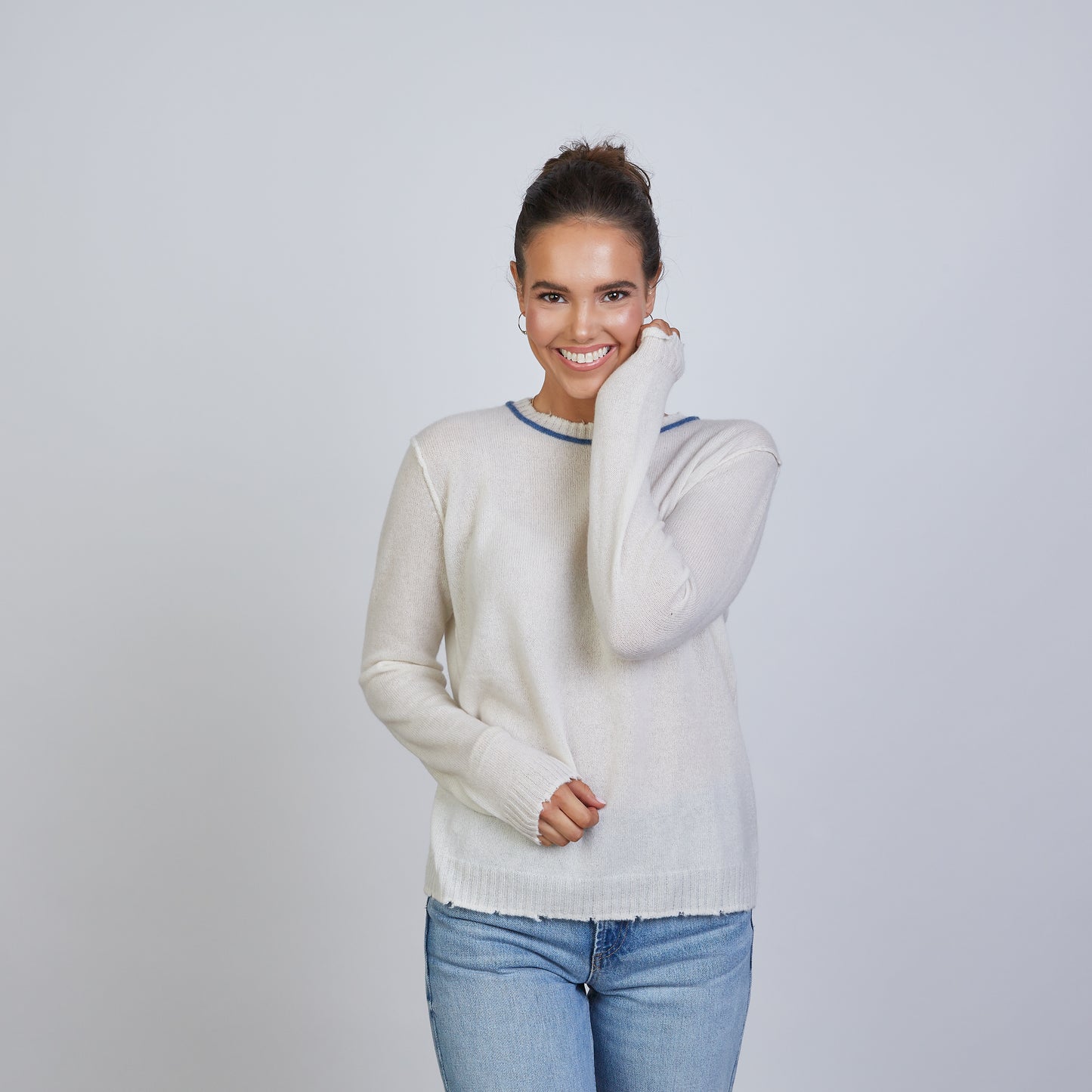 Highland Raw Edge 100% Mongolian Cashmere Sweater in Ivory with Blue