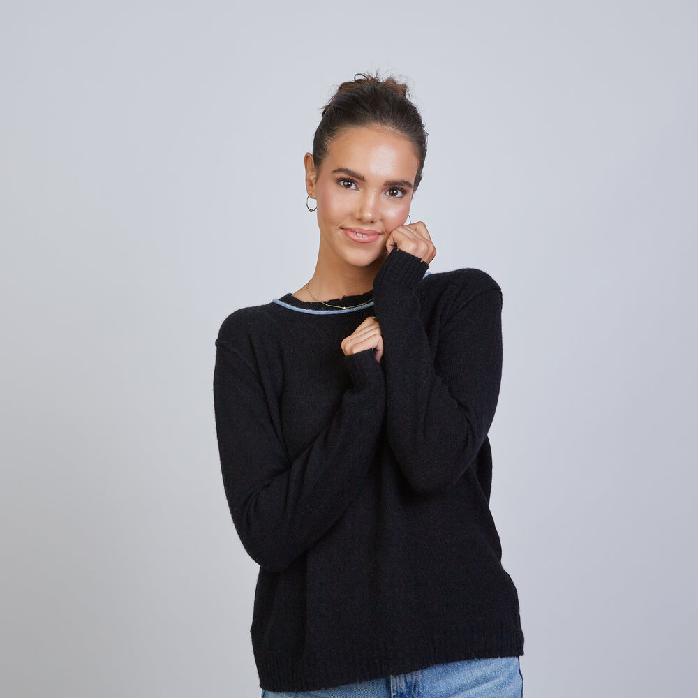 Highland Raw Edge 100% Mongolian Cashmere Sweater in Black with Blue