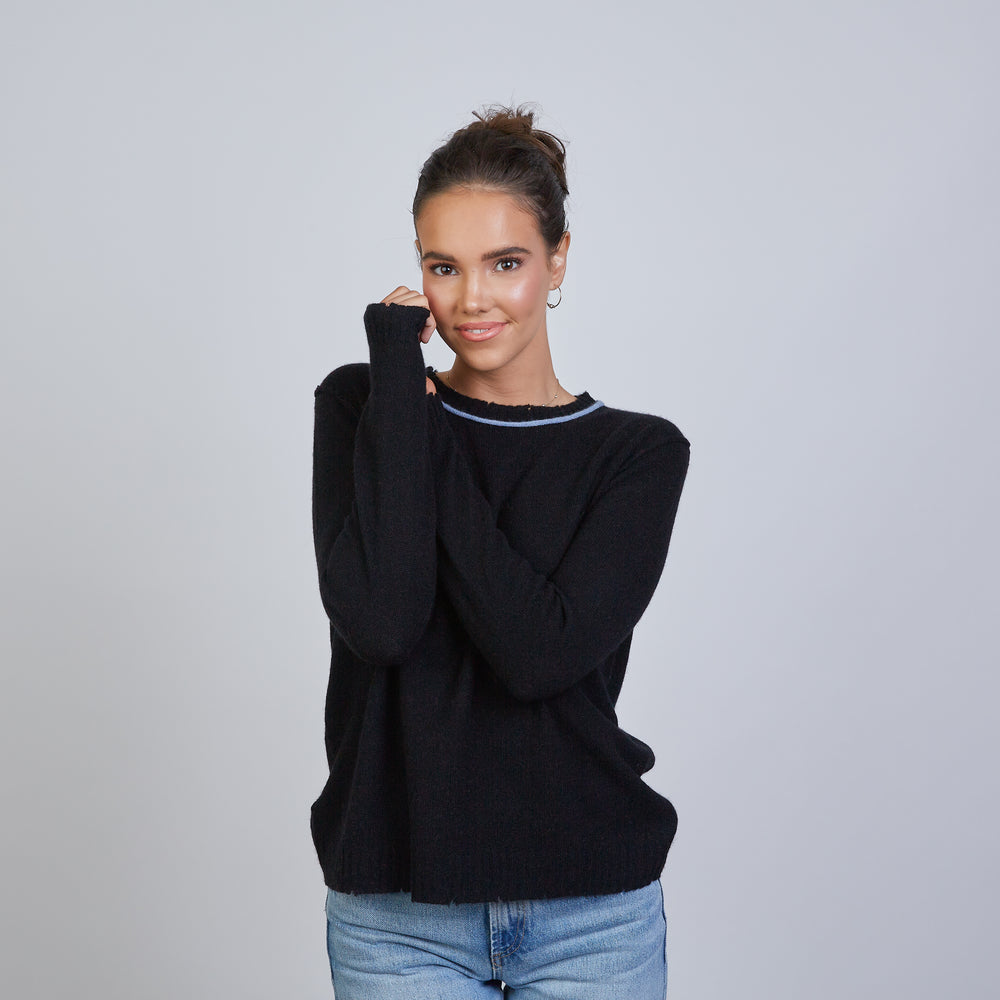 Highland Raw Edge 100% Mongolian Cashmere Sweater in Black with Blue