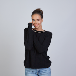 Highland Raw Edge 100% Mongolian Cashmere Sweater in Black with Beige