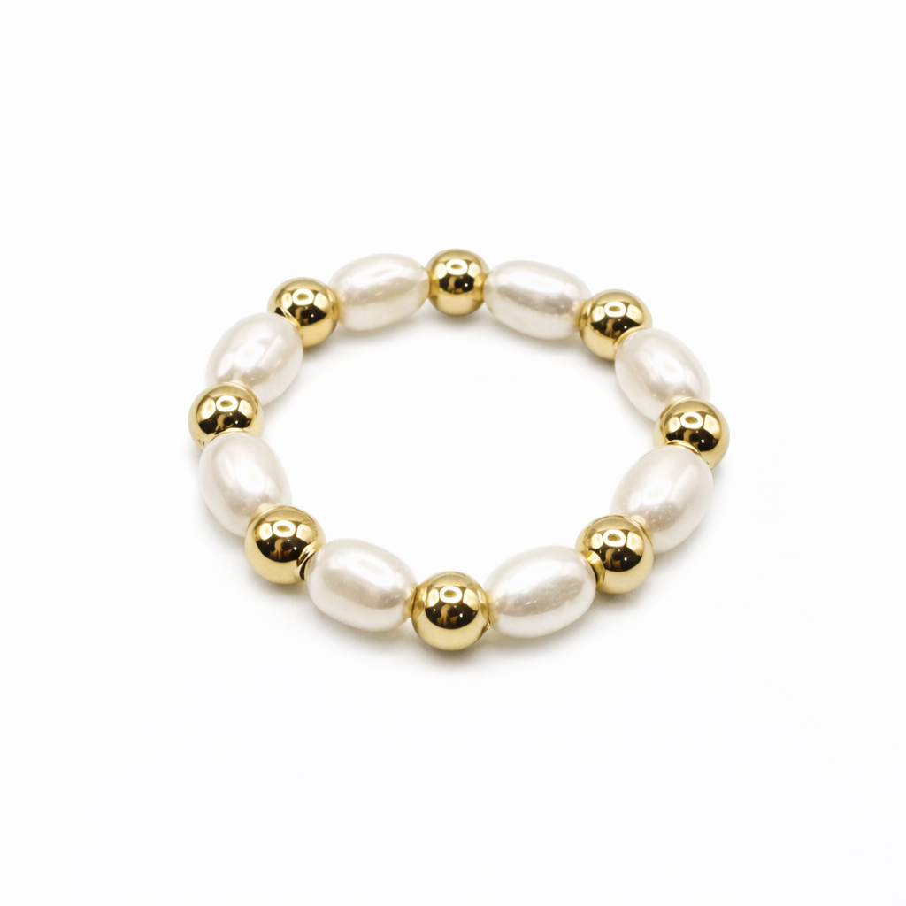 Gold-Filled 3mm & Natural Rice Pearl Waterproof Stretch Ring