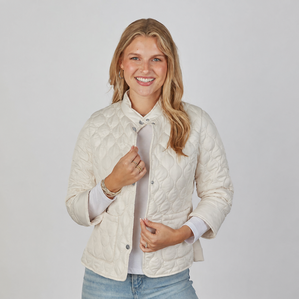 Jacqueline 3/4 Sleeve Jacket in Champagne erin gray