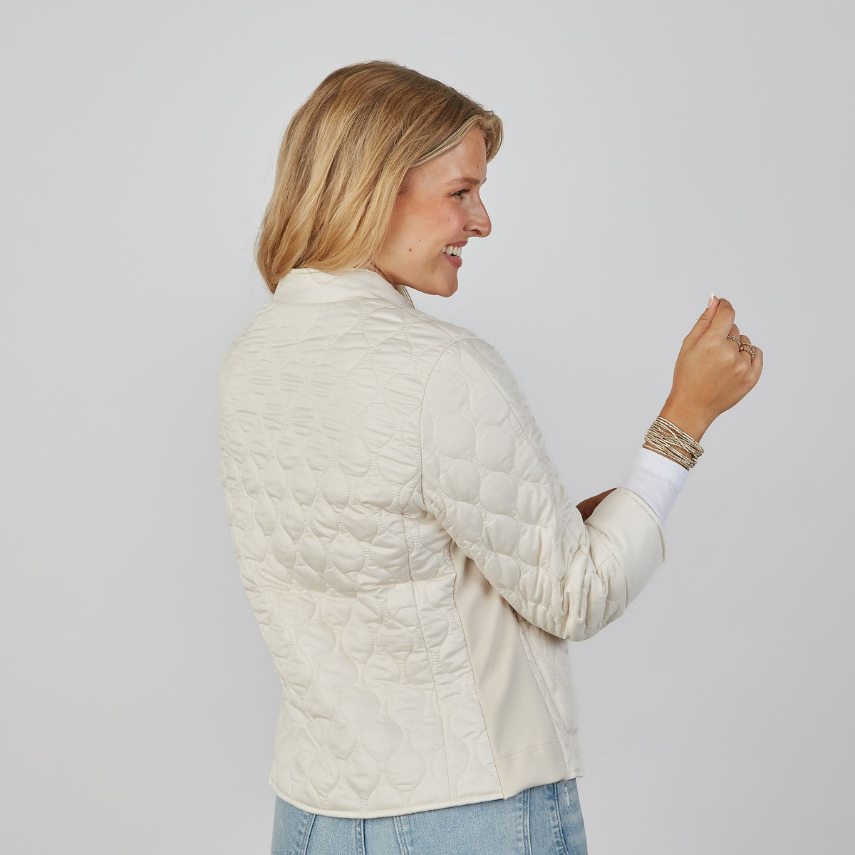 Jacqueline 3/4 Sleeve Jacket in Champagne erin gray
