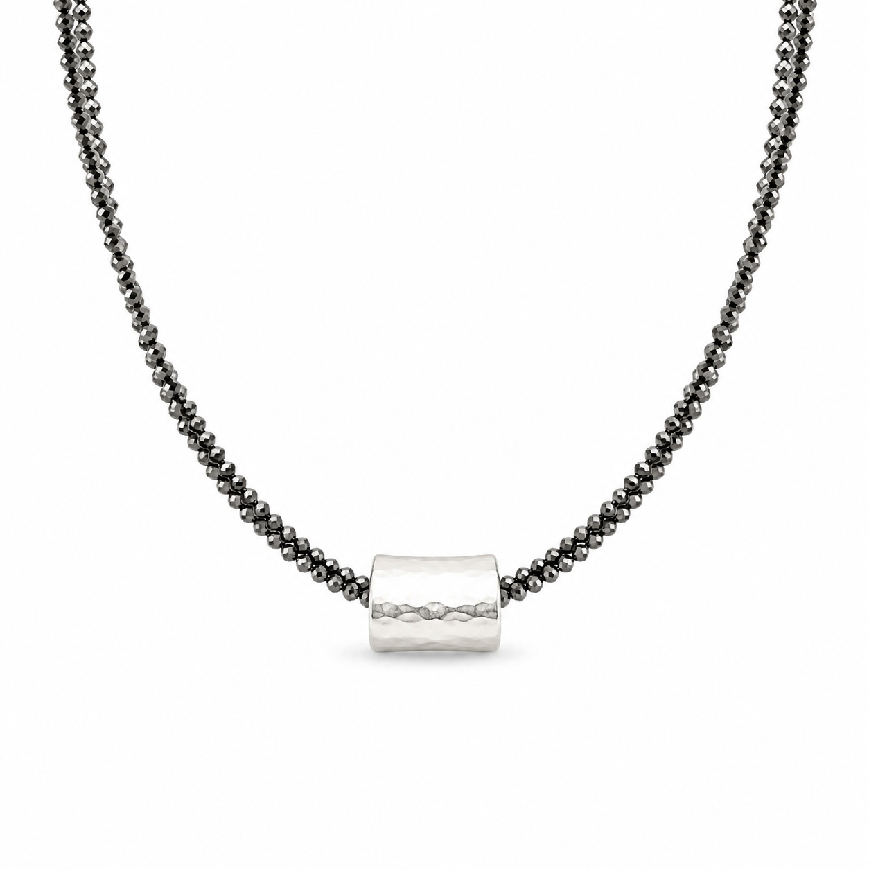 Silver Barrel on Double Pyrite Beaded Necklace erin gray
