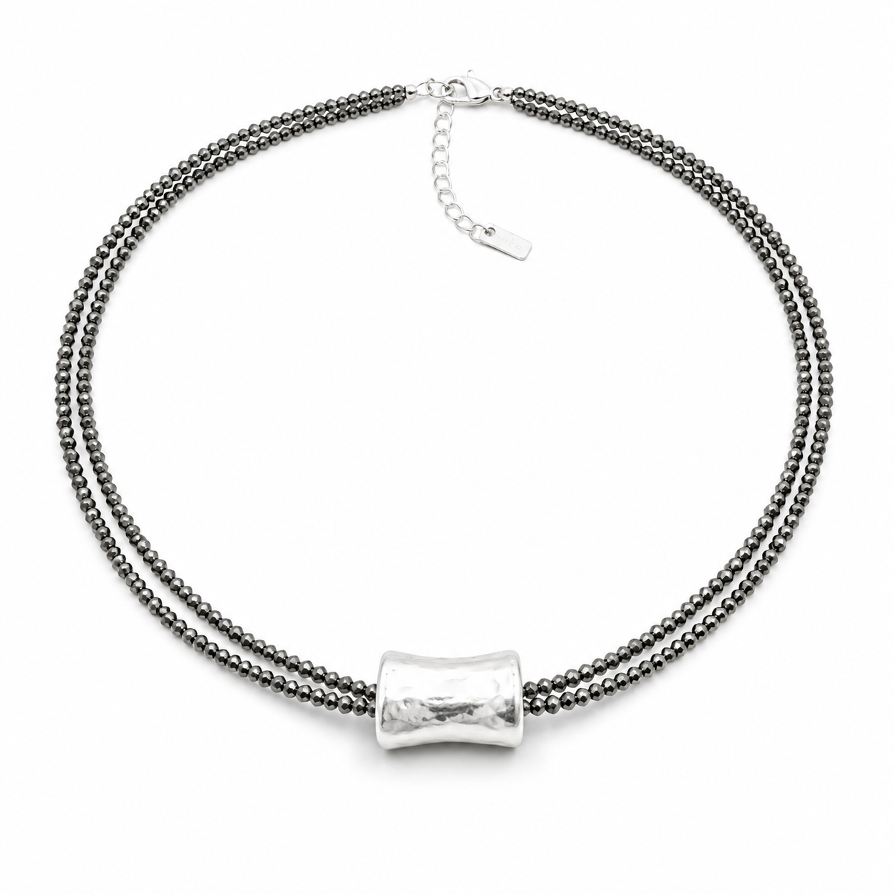Silver Barrel on Double Pyrite Beaded Necklace erin gray