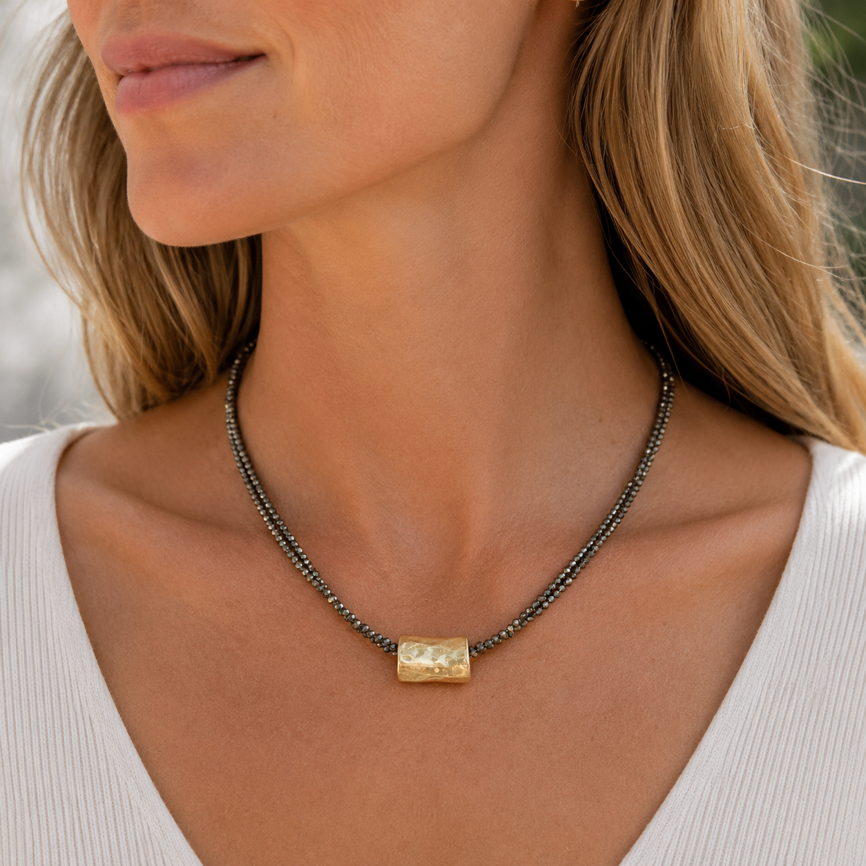 Barrel on Double Pyrite Beaded Necklace erin gray