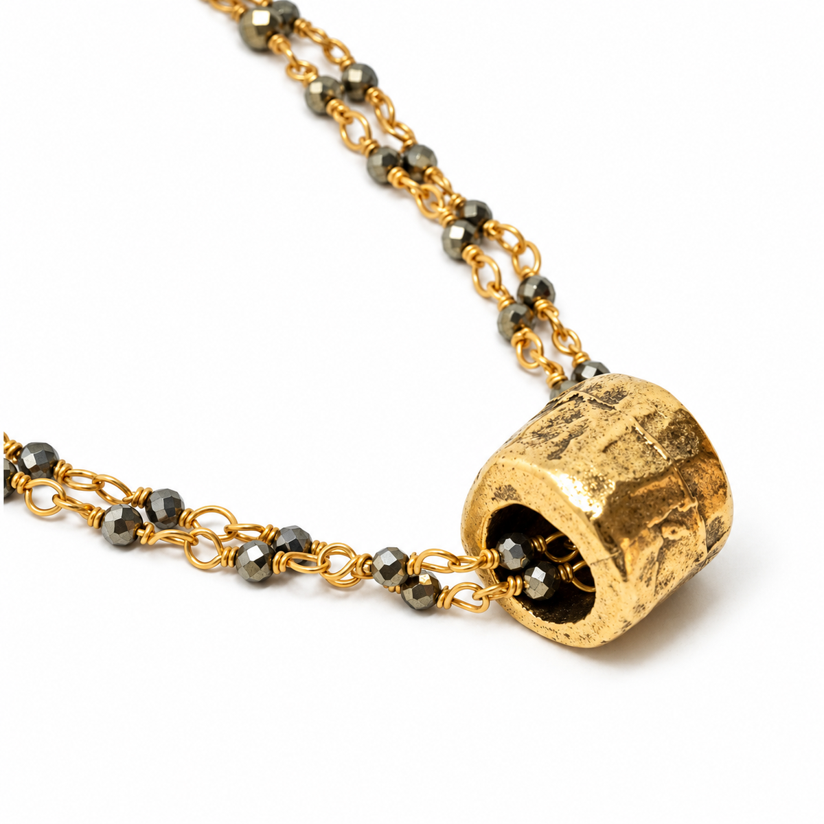Small Gold Barrel on Double Pyrite Necklace erin gray