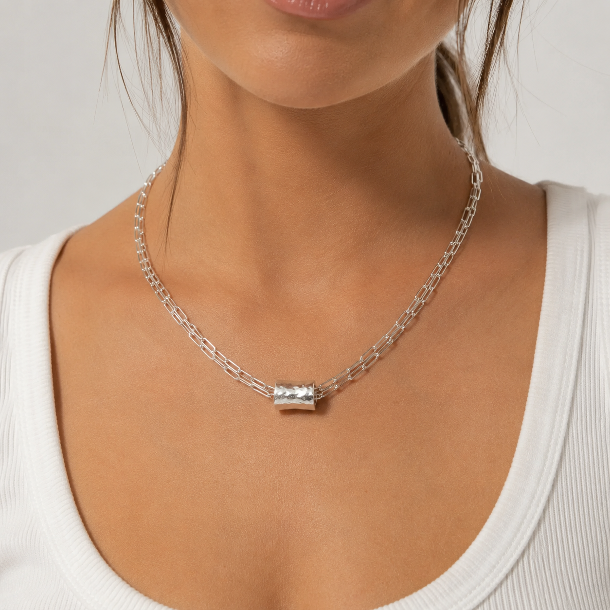 Silver Barrel on Double Silver Paperclip Necklace erin gray