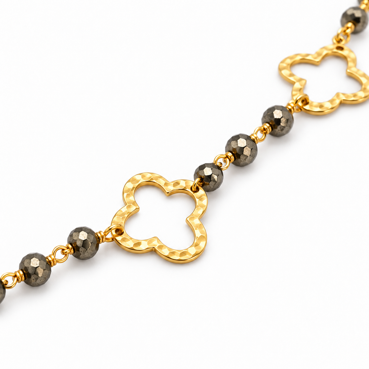 Gold Clover and Petite Pyrite Long Necklace erin gray