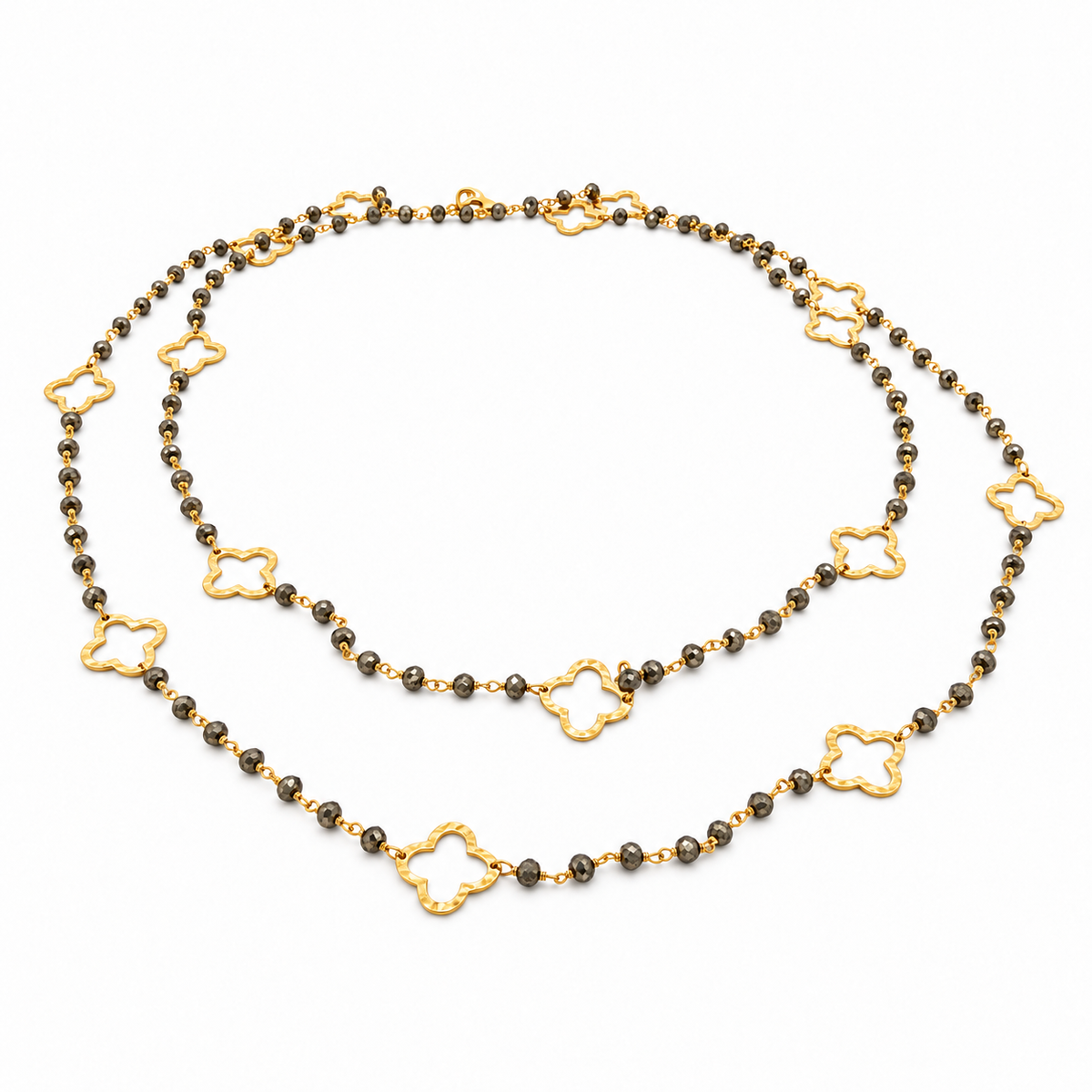 Gold Clover and Petite Pyrite Long Necklace erin gray