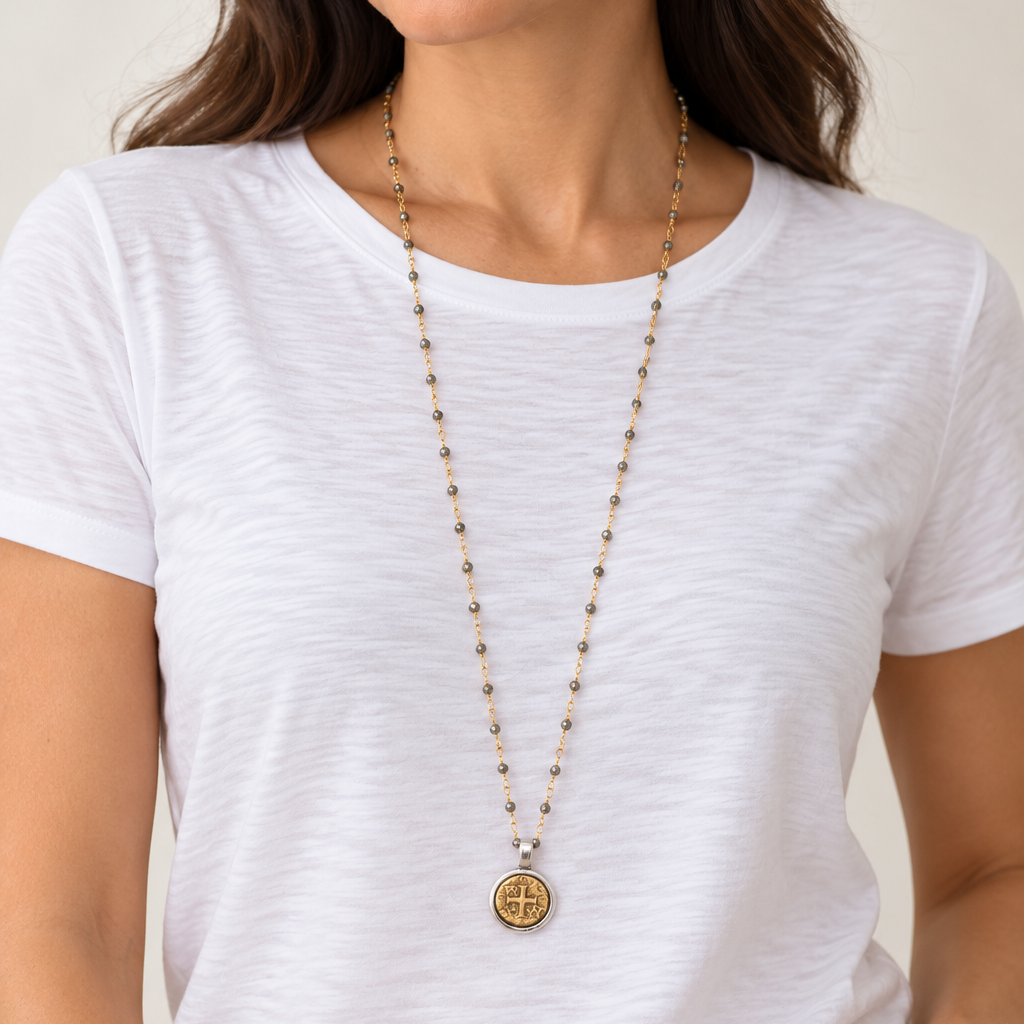 Coin in Gold on Pyrite Long Necklace erin gray