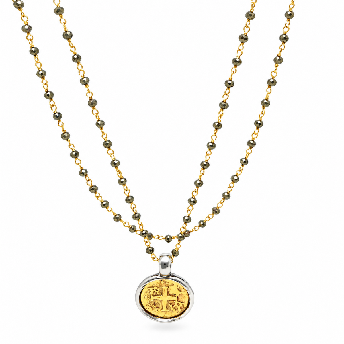 Coin in Gold on Pyrite Long Necklace erin gray