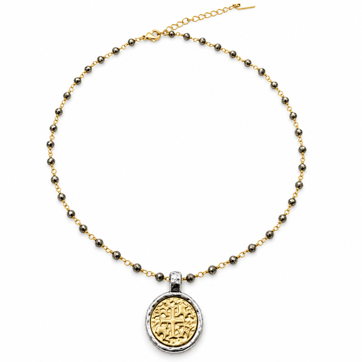 Matte Gold Coin on Pyrite Short Necklace erin gray