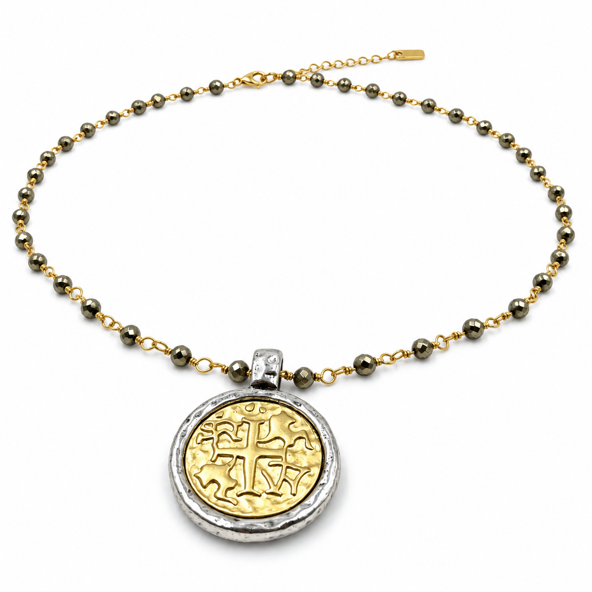 Matte Gold Coin on Pyrite Short Necklace erin gray