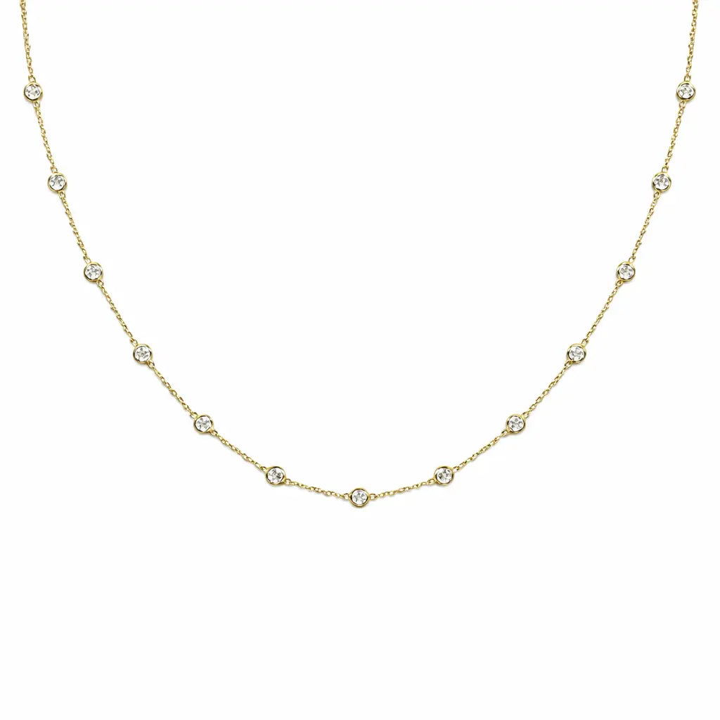 14k solid gold diamond station necklace by Erin Gray featuring 15 diamond stations on a delicate chain.