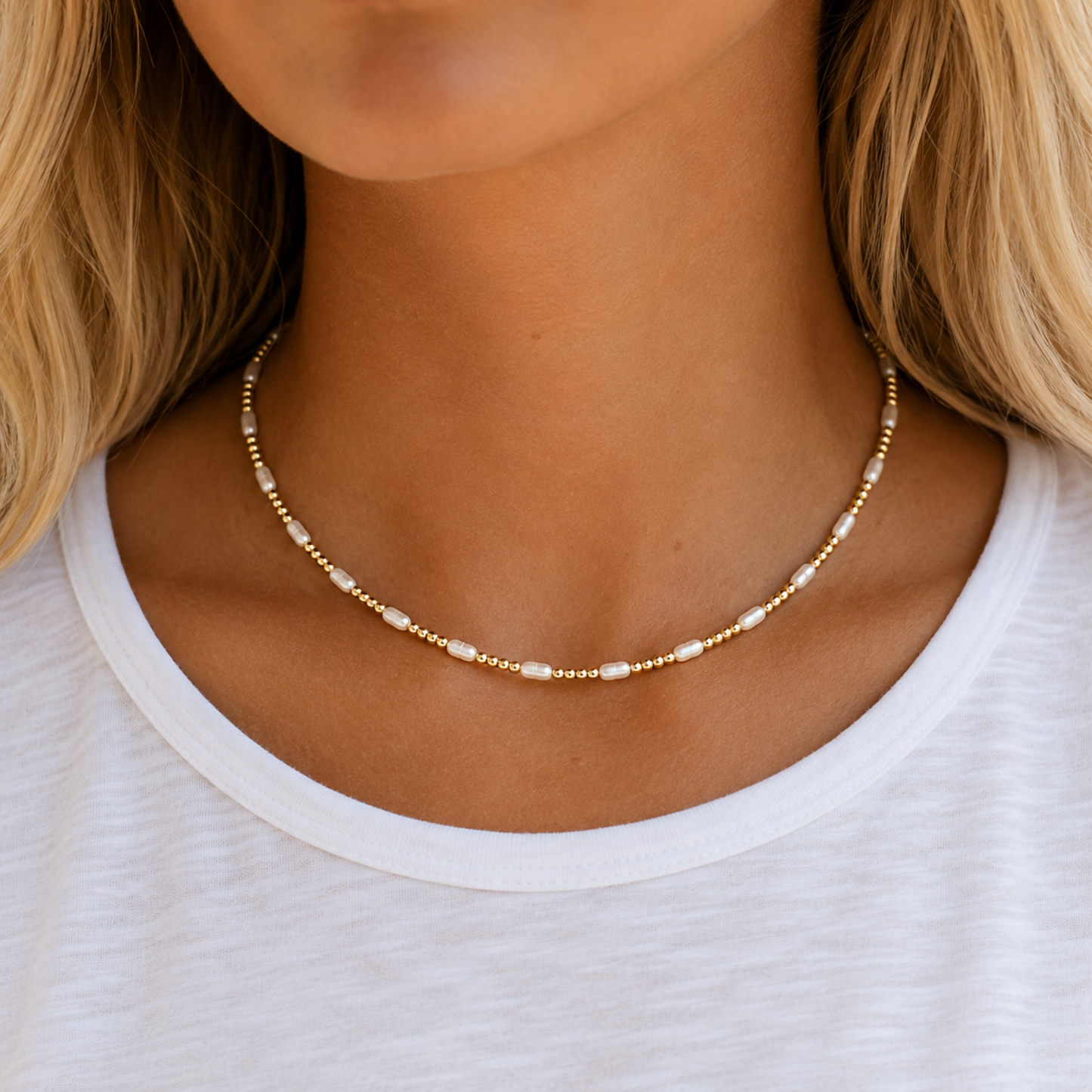 2mm Dainty Pearl 14k Gold Filled Waterproof Necklace erin gray