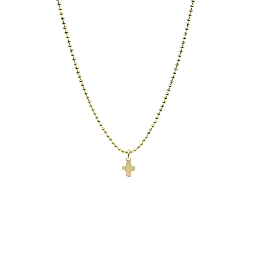 14k gold-filled Baby Bliss Necklace with Luxe Cross by erin gray, 15-inch waterproof jewelry with elegant design.