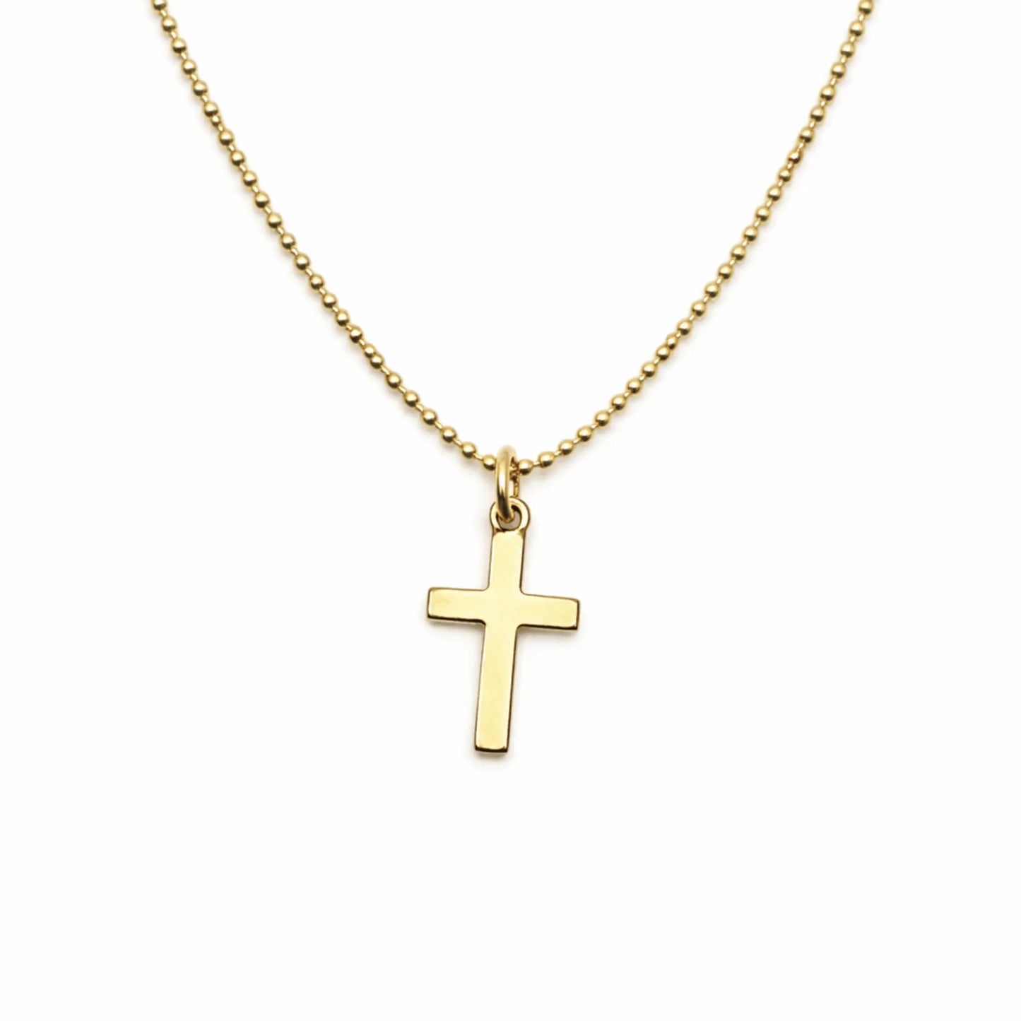 14k gold-filled Baby Bliss necklace with 10.5mm cross pendant on beaded chain, waterproof jewelry by Erin Gray.