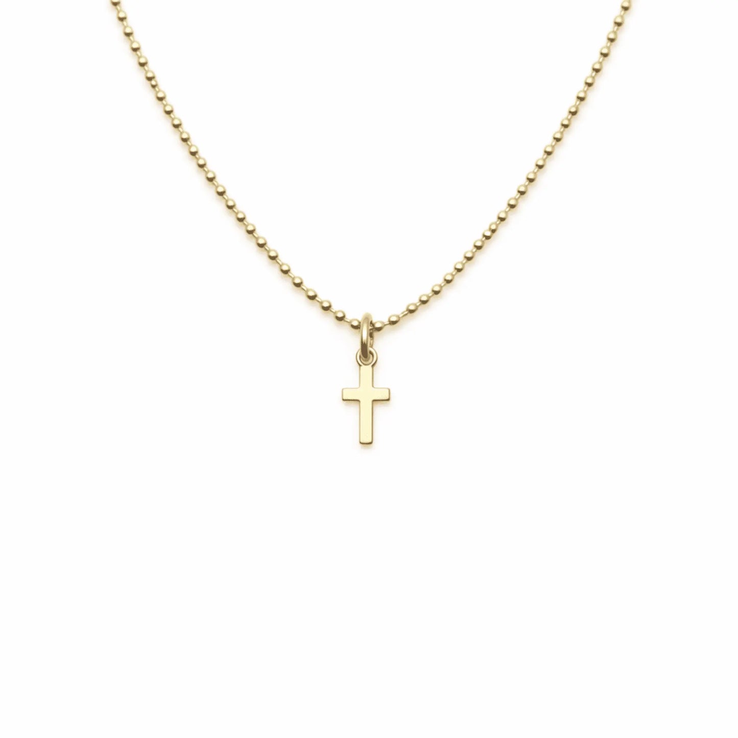 14k gold filled Baby Bliss Necklace with 9mm cross by Erin Gray, featuring a 16-inch chain and waterproof design.