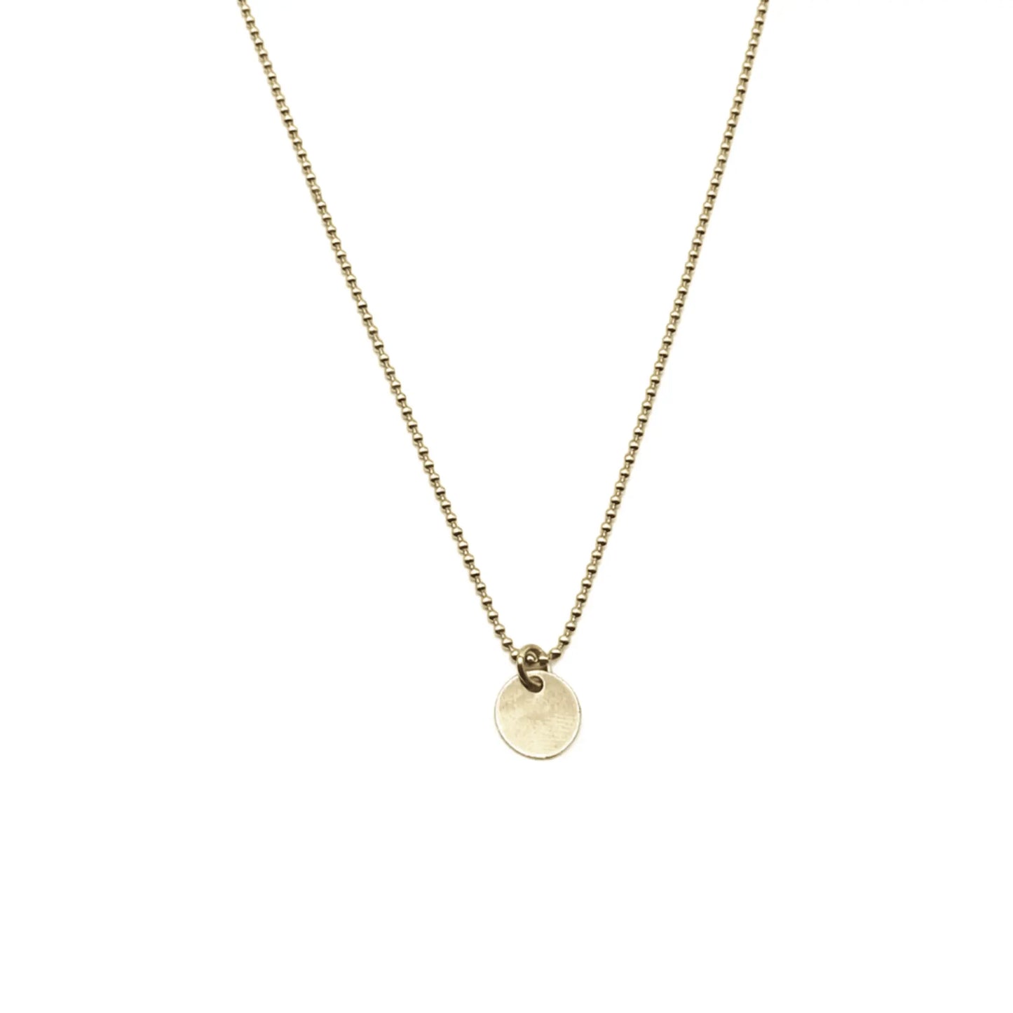 14k gold filled Baby Bliss necklace with dot charm by Erin Gray, 15-inch waterproof jewelry piece with delicate design.