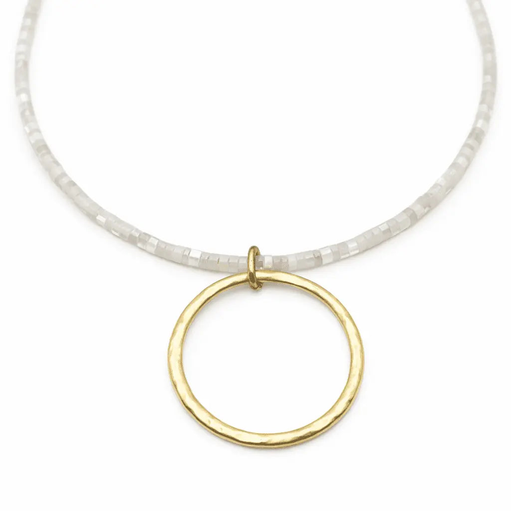 Erin Gray Heishi "Big Gold" Necklace in winter white with chunky gold beads and layered design, stylish jewelry accessory.