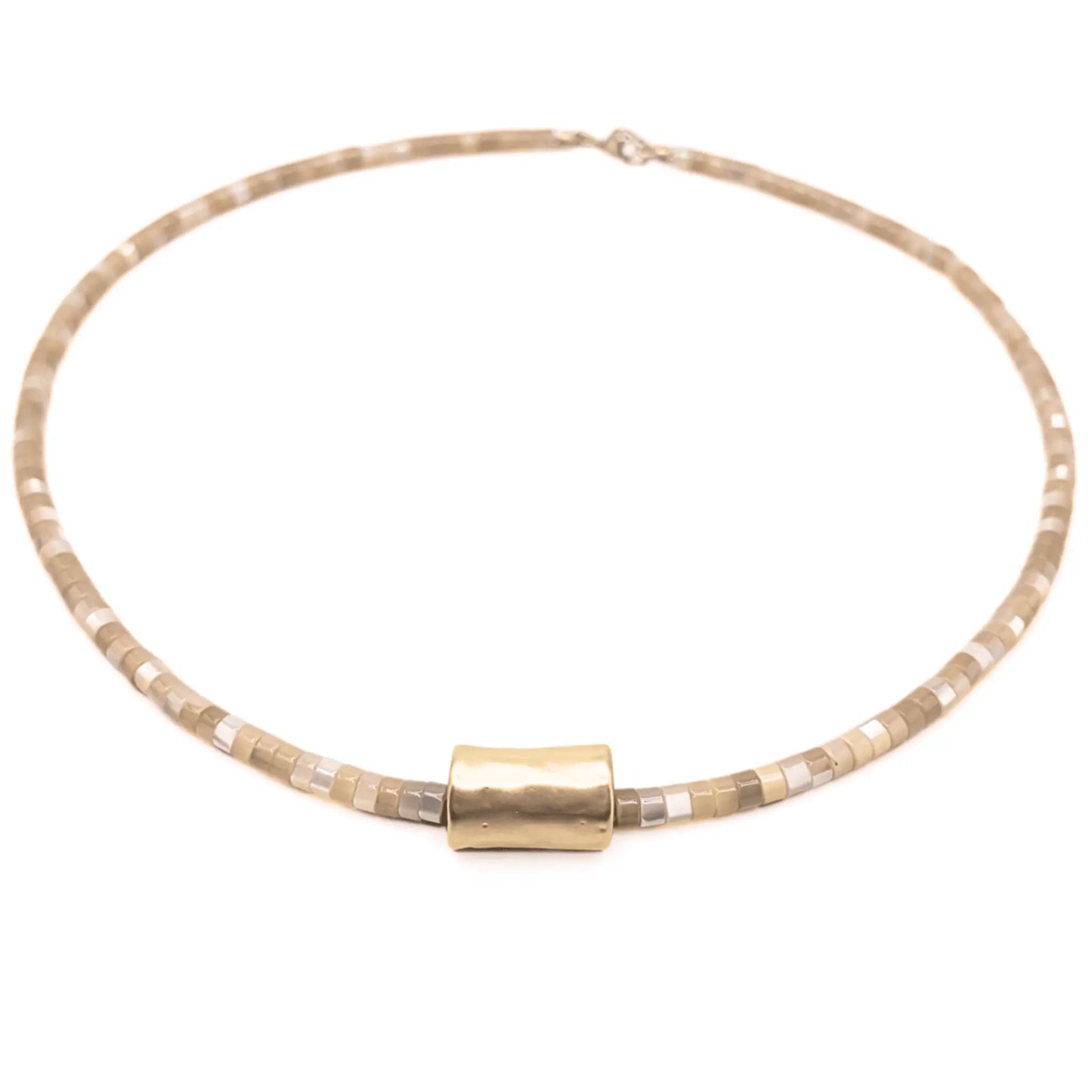 Heishi matte gold barrel necklace featuring natural beads and a gold pendant, stylish jewelry by Erin Gray.