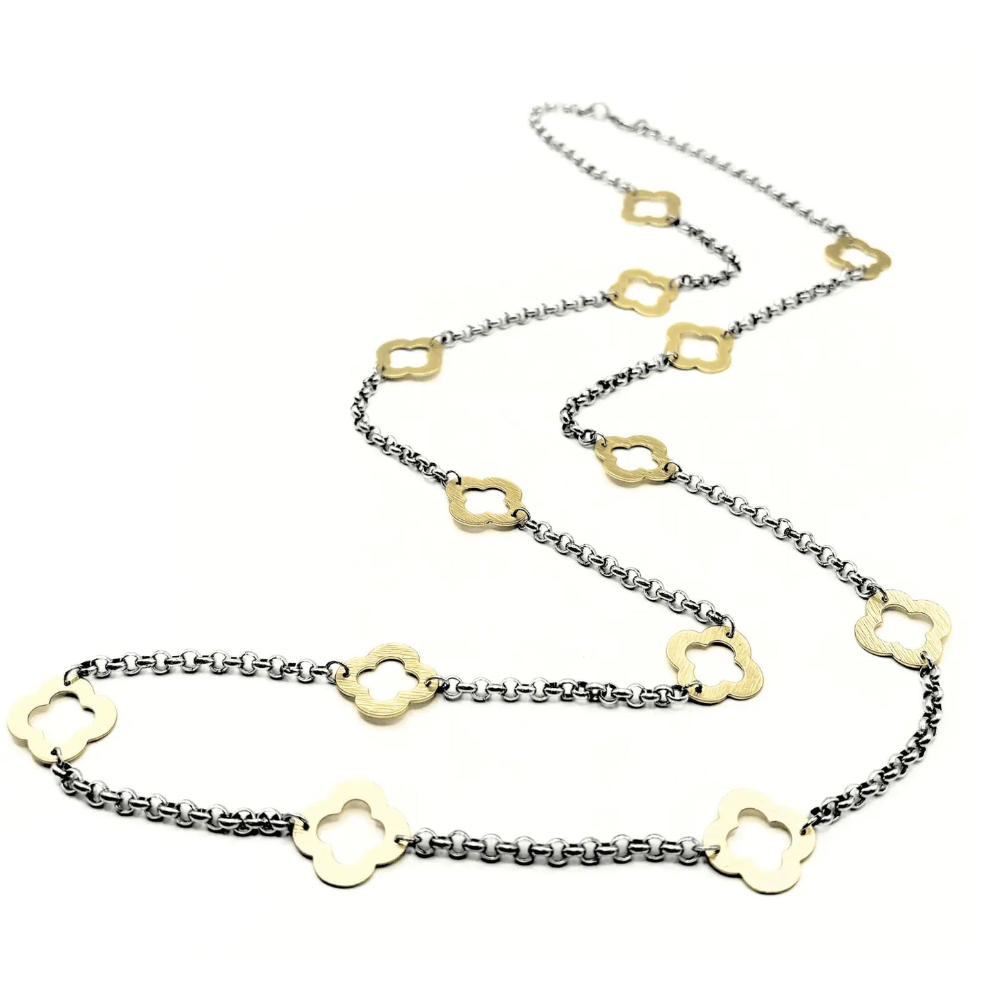 Erin Gray Allure Gold Clover Long Necklace in mixed metal with a delicate chain and a gold-tone clover pendant.