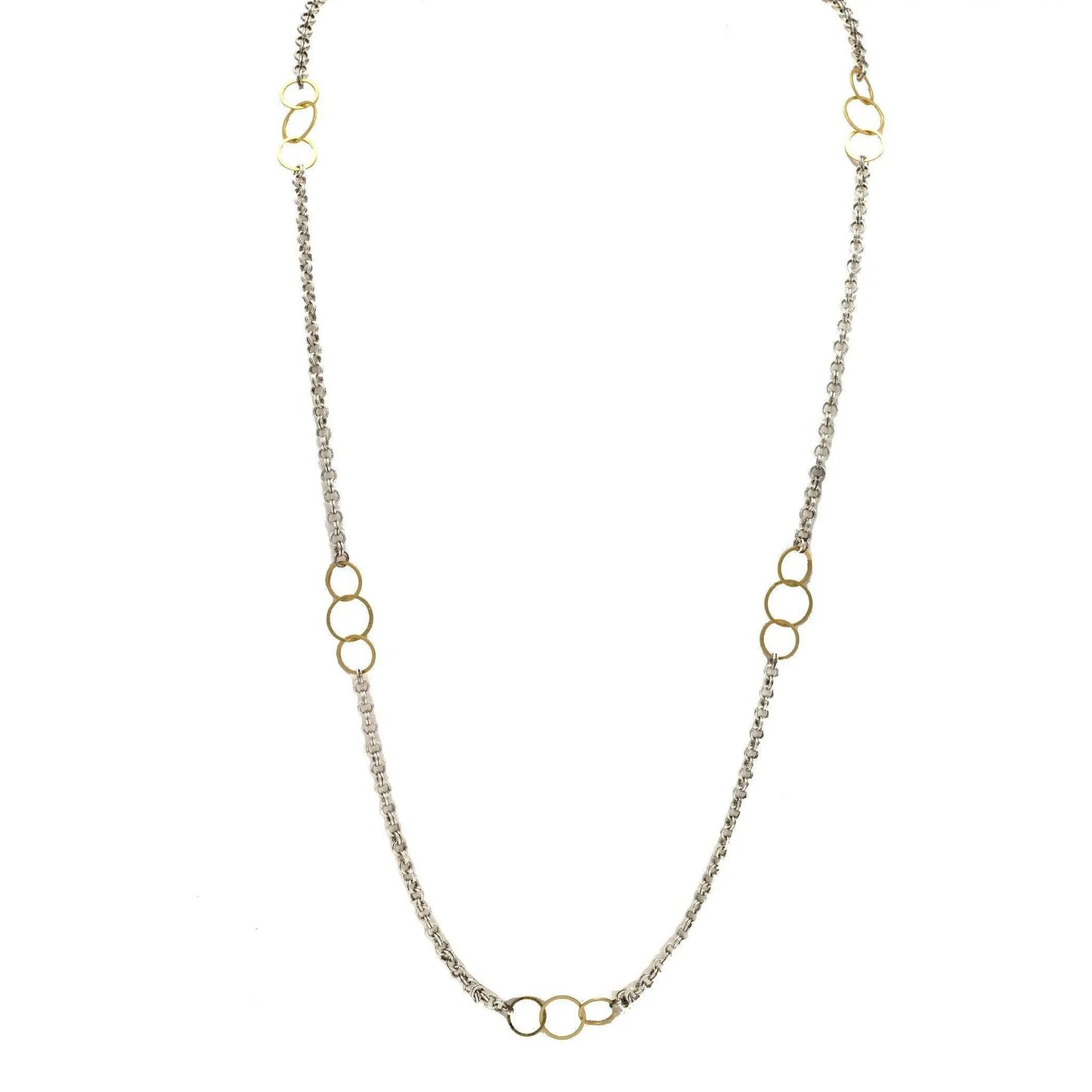 Erin Gray Allure Gold Trinity long necklace in mixed metal, featuring layered chain design, jewelry accessory, close-up view